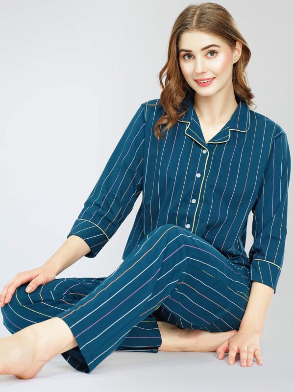 Women's Teal Blue Stripe Printed Cotton Night Dress of Shirt and Pajama set