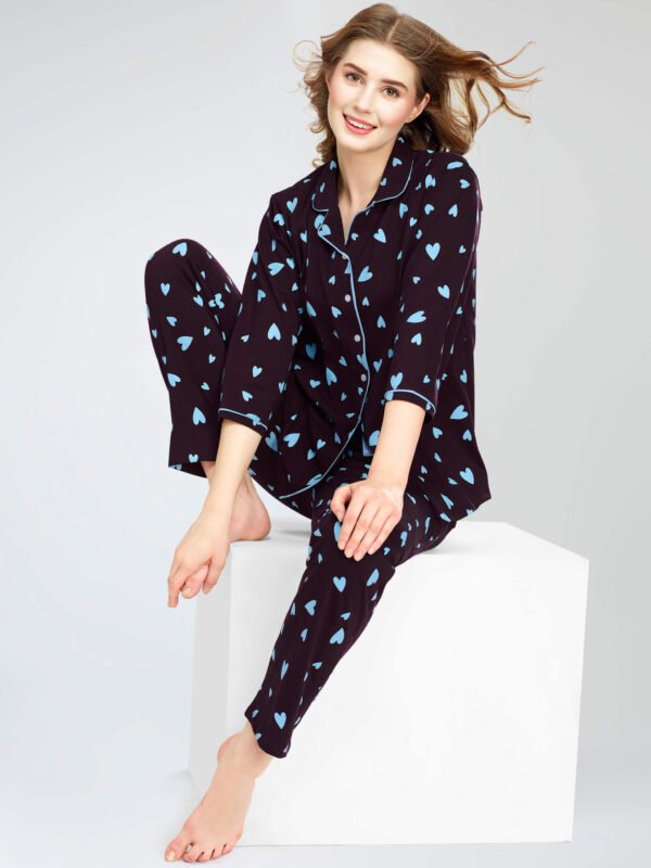 Women's Wine Berry Heart Printed Cotton Night Dress of Shirt and Pajama set