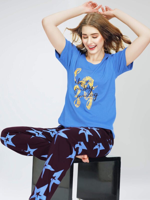 Women's Blue Star Printed Cotton Night Dress of Top and Pajama set