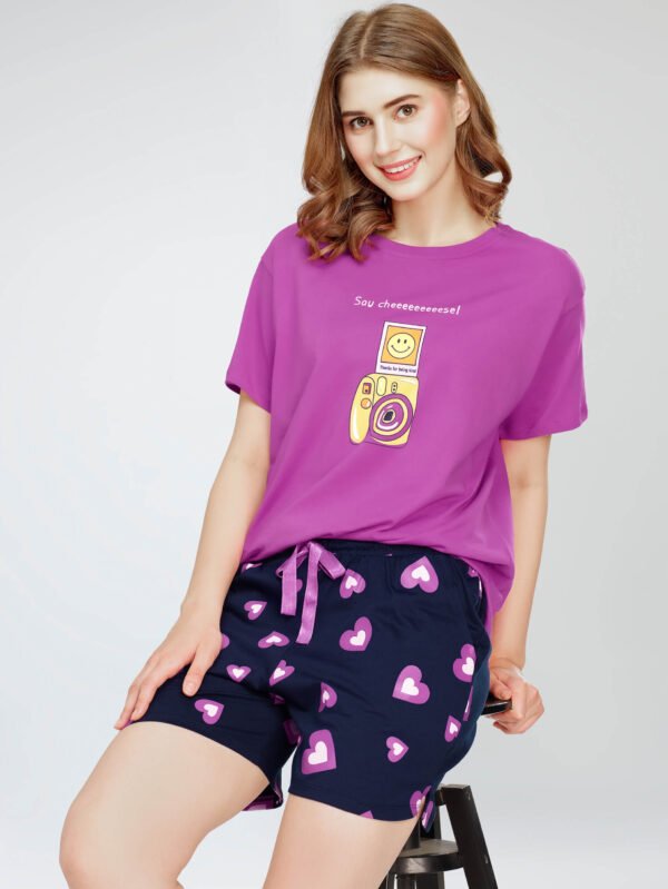 Women's Pink Heart Printed Cotton Night Dress of Top and Short's set