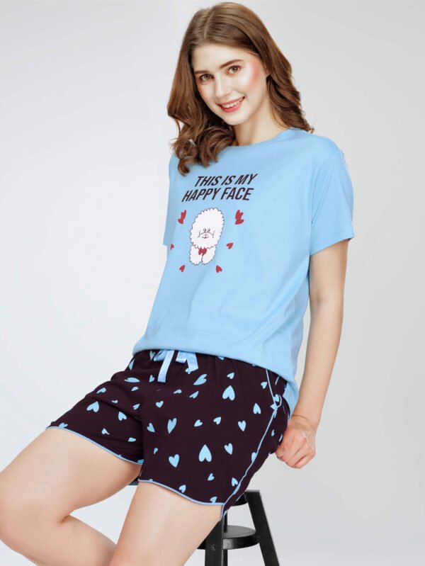 Women's Blue Heart Printed Cotton Night Dress of Top and Short's set