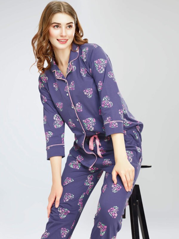 Women's Blue Heart Printed Cotton Night Dress of Shirt and Pajama set
