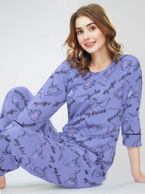Women's Blue Cup & Saucer Printed Cotton Night Dress of Top and Pajama set