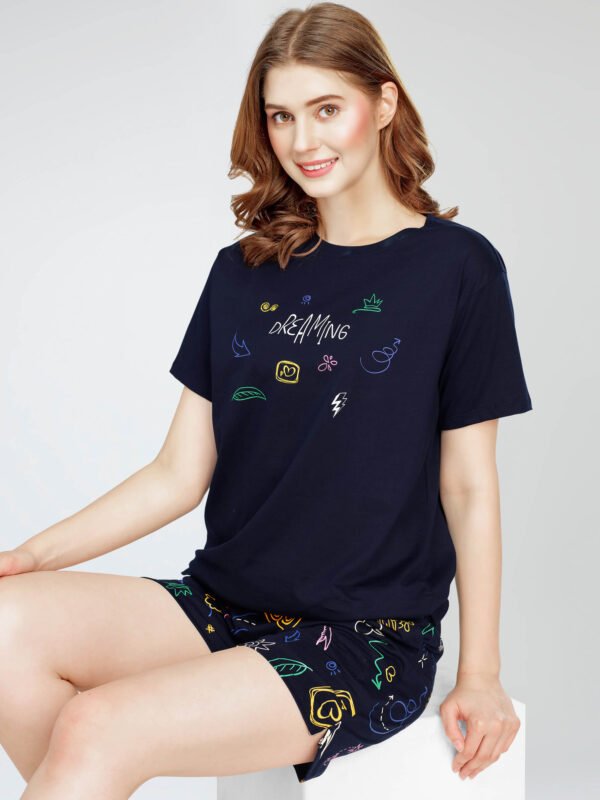 Women's Navy Blue Printed Cotton Night Dress of Top and Short's set